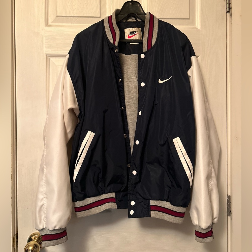 Vintage 90s Nike Men's Dark Blue and White Varsity Jacket